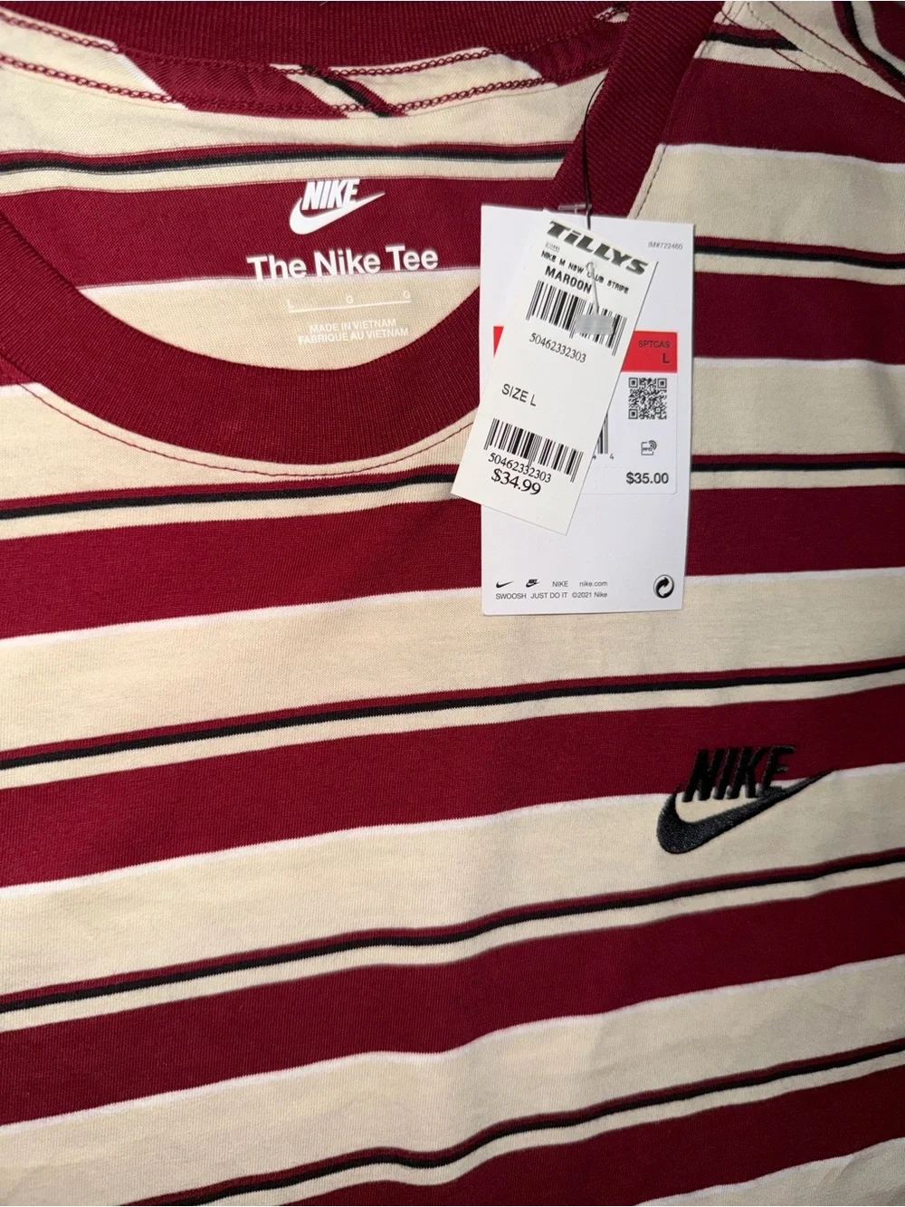 Nike Shirt Mens Large Burgundy White Striped Embroidered Swoosh Retro Basic
